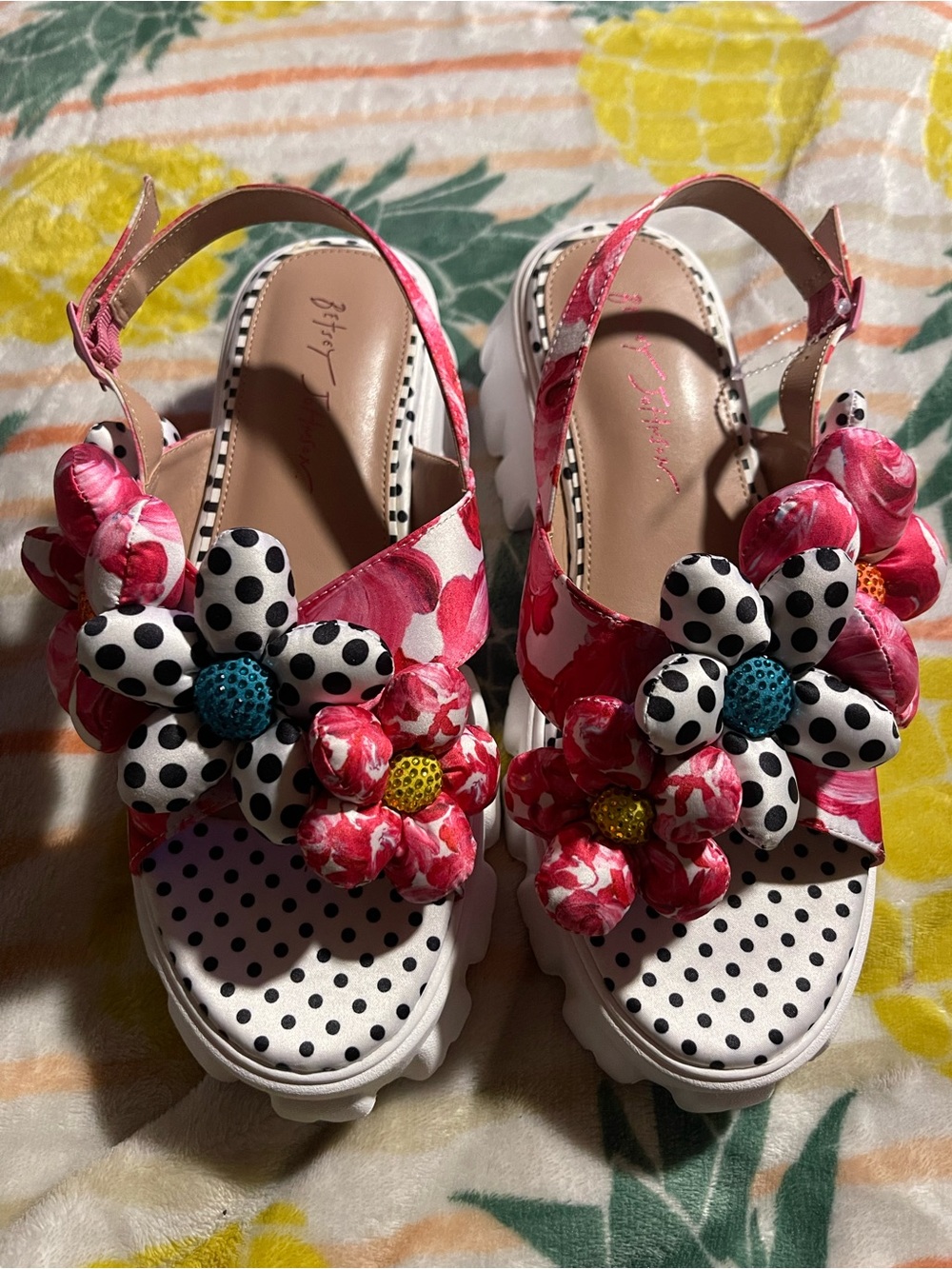 Betsey Johnson Pink Floral & Black Polka Dot Flower Sandals